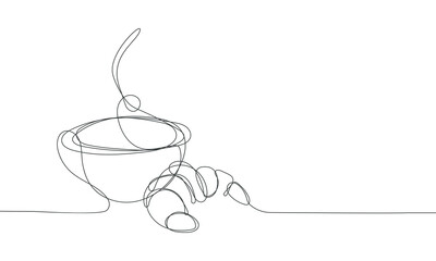 Coffee cup and croissant. Continuous one line drawing. Vector illustration isolated on white background.