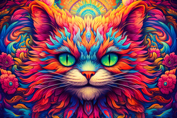 Smiling cat, psychedelic art. Generative AI - obrazy, fototapety, plakaty
