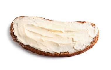 Tasty sandwich with cream cheese on white background