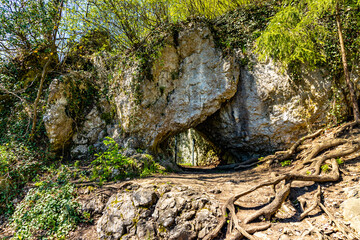 Limestone Bat Cave Jaskinia Nietoperzowa known for multiple species of nesting bats in Jerzmanowice village in Bedkowska Valley near Cracow in Lesser Poland