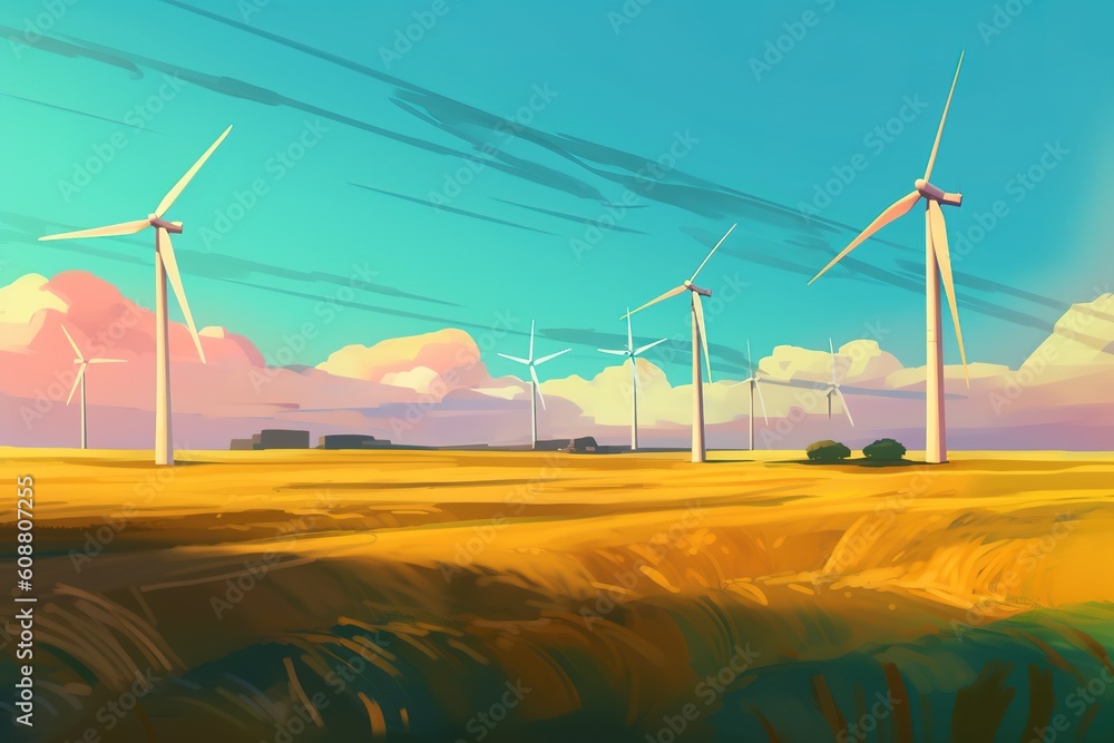 Aufkleber a visual representation of windmills situated in a wheat field generative ai