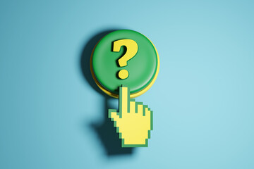 Yellow question mark on a round green push button with a pixelated finger pointer. Illustration of the concept of enquiries, puzzles and riddles