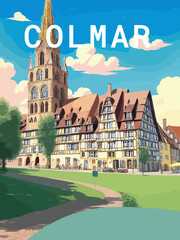 Colmar: Retro tourism poster with a French landscape and the headline Colmar / Grand Est - obrazy, fototapety, plakaty