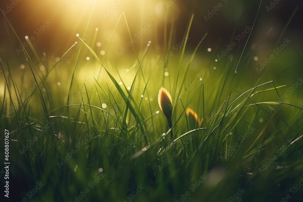 Poster a magnified view of grass with droplets of dew on it generative ai
