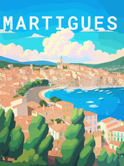 Martigues: Retro tourism poster with a French landscape and the headline Martigues / Provence-Alpes-Côte d’Azur