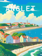 Anglet: Retro tourism poster with a French landscape and the headline Anglet / Nouvelle-Aquitaine