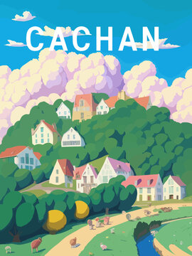 Cachan: Retro tourism poster with a French landscape and the headline Cachan / &Icirc;le-de-France