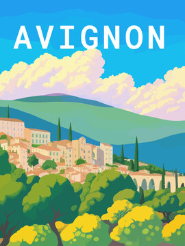 Avignon: Retro tourism poster with a French landscape and the headline Avignon / Provence-Alpes-Côte d’Azur