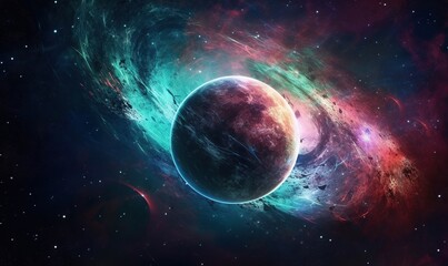  a colorful space scene with a planet in the middle of the image.  generative ai