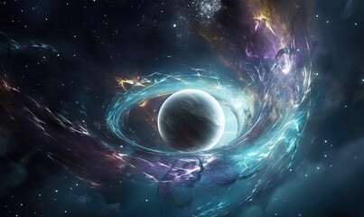  a picture of a space scene with a planet in the center.  generative ai