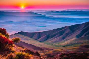 Naklejka premium Digital landscape photo of Sunset at mountain overlooking background sun light. Concept of ecological environment. Generative AI