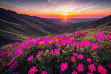 Obraz premium Digital landscape photo of Sunset at mountain overlooking background sun light. Concept of ecological environment. Generative AI