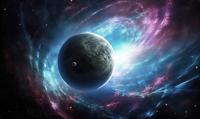  a space scene with a planet in the center of the image.  generative ai