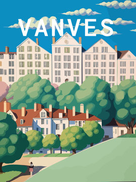 Vanves: Retro tourism poster with a French landscape and the headline Vanves / Île-de-France