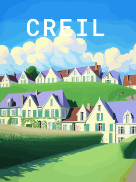 Creil: Retro tourism poster with a French landscape and the headline Creil / Hauts-de-France