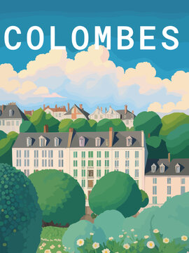 Colombes: Retro tourism poster with a French landscape and the headline Colombes / &Icirc;le-de-France