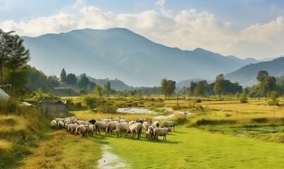  a herd of sheep standing on top of a lush green field.  generative ai