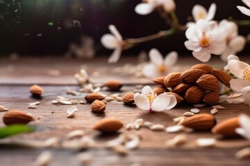 almonds scattered on a wooden surface with a few almond flowers in the background