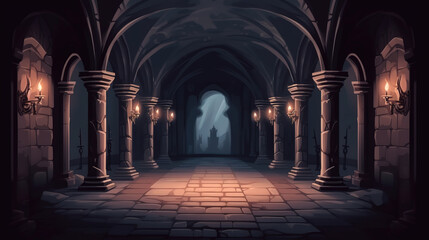 Dark Dungeon. Long medieval castle corridor with torches. Interior of ancient Palace with stone arch, generative ai  