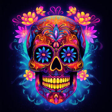 sugar skull  in neon light for Day of the Dead celebrations, created with Generative AI Technology