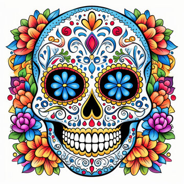 Day of the dead traditional sugar skull, coloring page, Generative AI