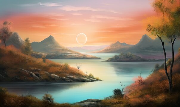  a painting of a sunset over a lake with mountains in the background.  generative ai