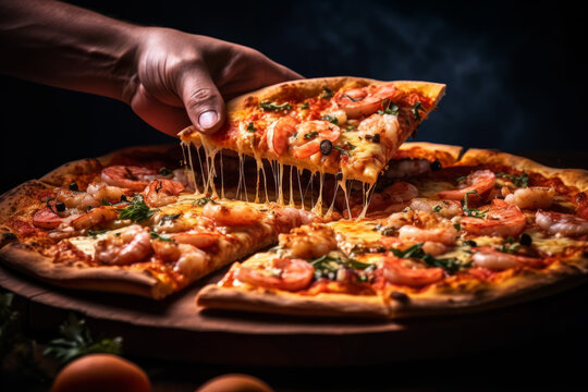 and holding a piece of delicious Italian pizza with seafood, created with Generative AI Technology