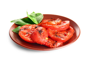 Plate with tasty grilled tomatoes and basil on white background