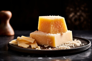 Pieces of italian parmesan cheese. Block of parmesan, created with Generative AI Technology