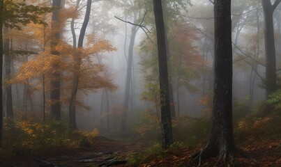  a foggy forest filled with lots of trees and leaves.  generative ai