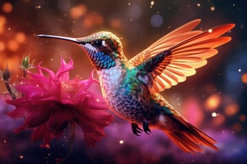 Hummingbird with flower and bokeh background. Created with Generative AI tools