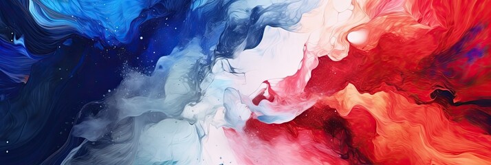 Abstract background of acrylic paints in blue, red and white colors. Created with Generative AI tools