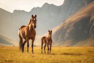Fototapeta na wymiar Mare with foal in the mountains. Beautiful nature landscape. Created with Generative AI tools