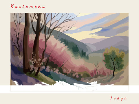 Tosya: Postcard design with a scene in Turkey and the city name Tosya