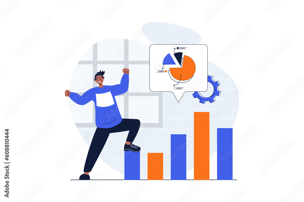 Aufkleber sales performance web concept with character scene. man analyze financial chart and diagram, increas