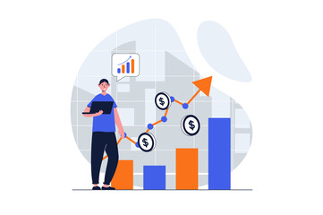 Sales performance web concept with character scene. Man analyze financial stock charts and increase profit. People situation in flat design. Illustration for social media marketing material.