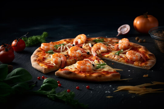 Delicious Italian pizza with seafood on wooden plate, created with Generative AI Technology