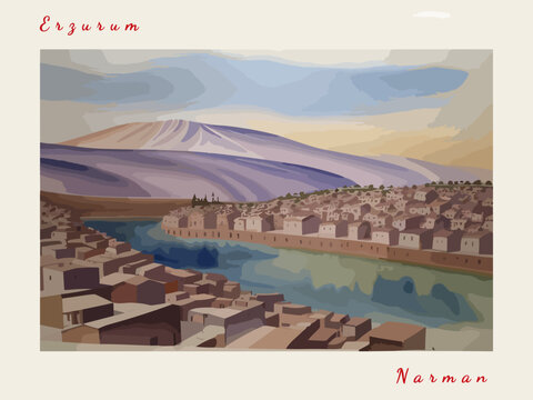 Narman: Postcard design with a scene in Turkey and the city name Narman
