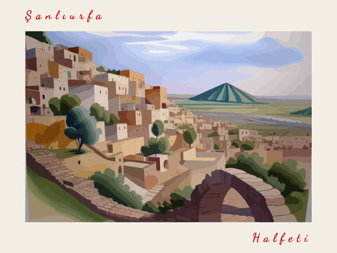 Halfeti: Postcard design with a scene in Turkey and the city name Halfeti