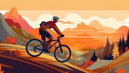 Naklejka na ściany i meble A man speeds downhill on his mountain bike. (Illustration, Generative AI)