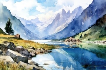 A watercolor masterpiece illustrates the Alps and a beautiful lake. (Illustration, Generative AI) - 608810833
