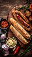 Grilled sausages on wooden board with bread, top view. AI generated