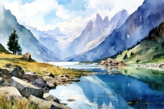 A watercolor masterpiece illustrates the Alps and a beautiful lake. (Illustration, Generative AI)
