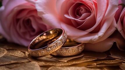 Wedding rings on flowers background with AI generation