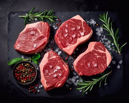 Fresh Raw steaks with seasonings on stone background, top view. AI generated