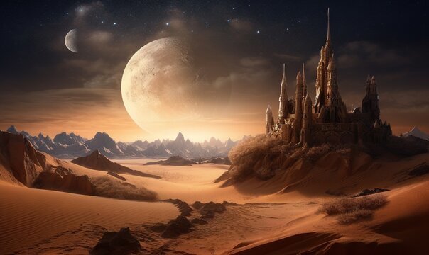  a desert with a castle in the middle of the desert.  generative ai