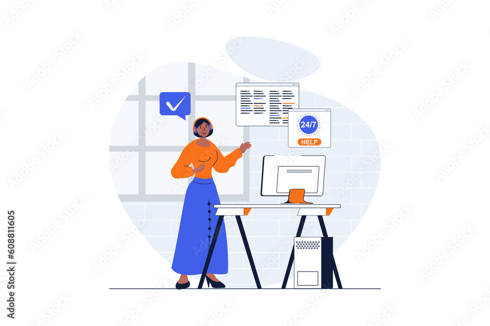 Poster customer support web concept with character scene. woman advising clients and answering calls and me