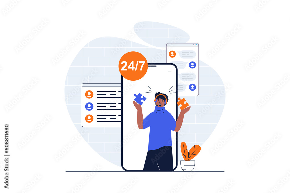 Poster customer support web concept with character scene. man finds solutions and consults clients a mobile
