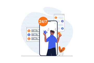 Customer support web concept with character scene. Man finds solutions and consults clients a mobile app. People situation in flat design. Illustration for social media marketing material.