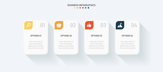 Timeline infographic with infochart. Modern presentation template with 4 spets for business process. Website template on white background for concept modern design. Horizontal layout.